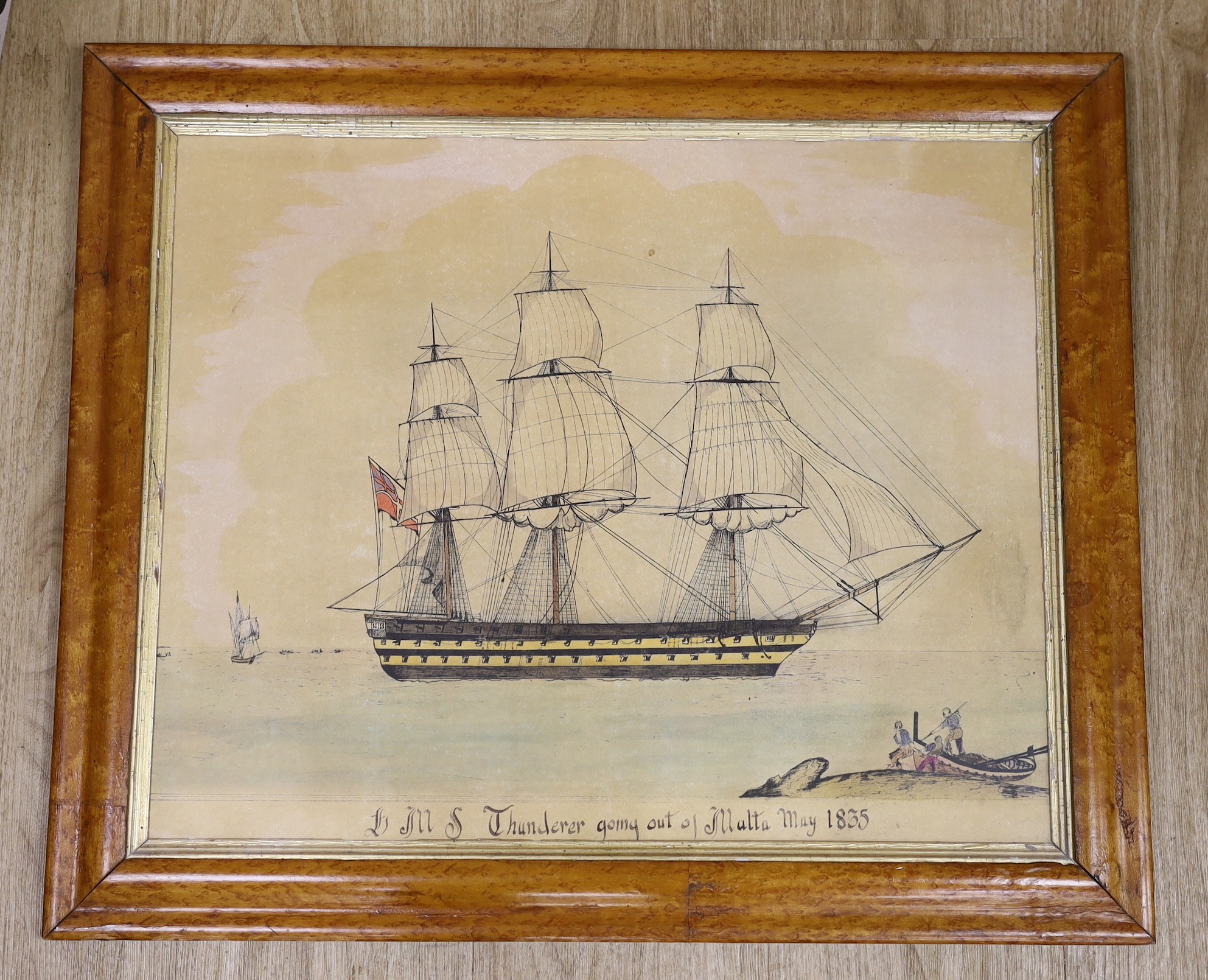 English School, ink and watercolour, 'HMS Thunderer going out of Malta, May 1835', 34 x 55cm